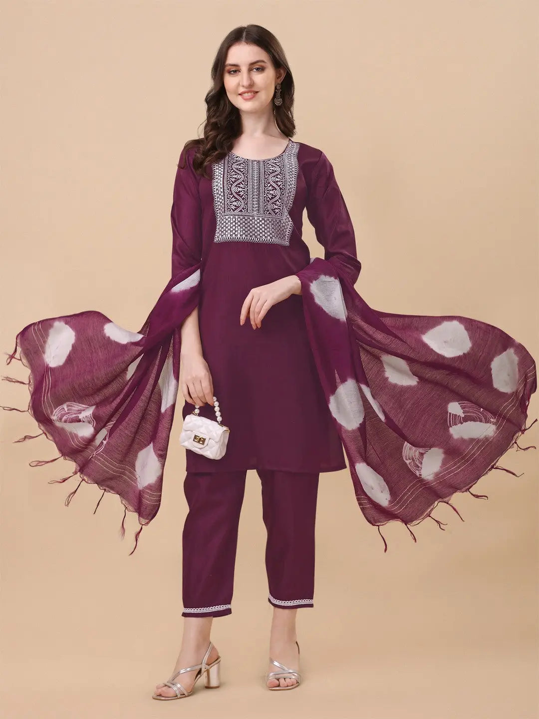 Wine Colour South Silk Embroidery Work Casual Wear Kurta Pant Dupatta Set Desi Soul