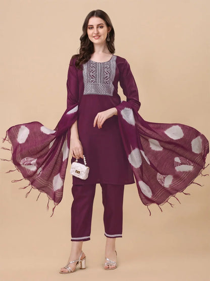 Wine Colour South Silk Embroidery Work Casual Wear Kurta Pant Dupatta Set Desi Soul