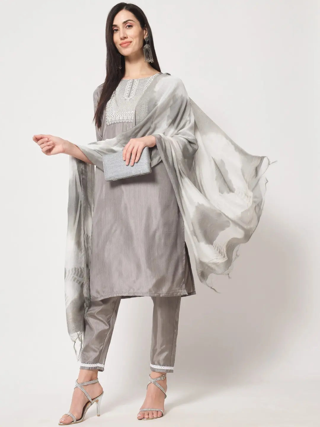 Grey Colour South Silk Embroidery Work Casual Wear Kurta Pant Dupatta Set Desi Soul