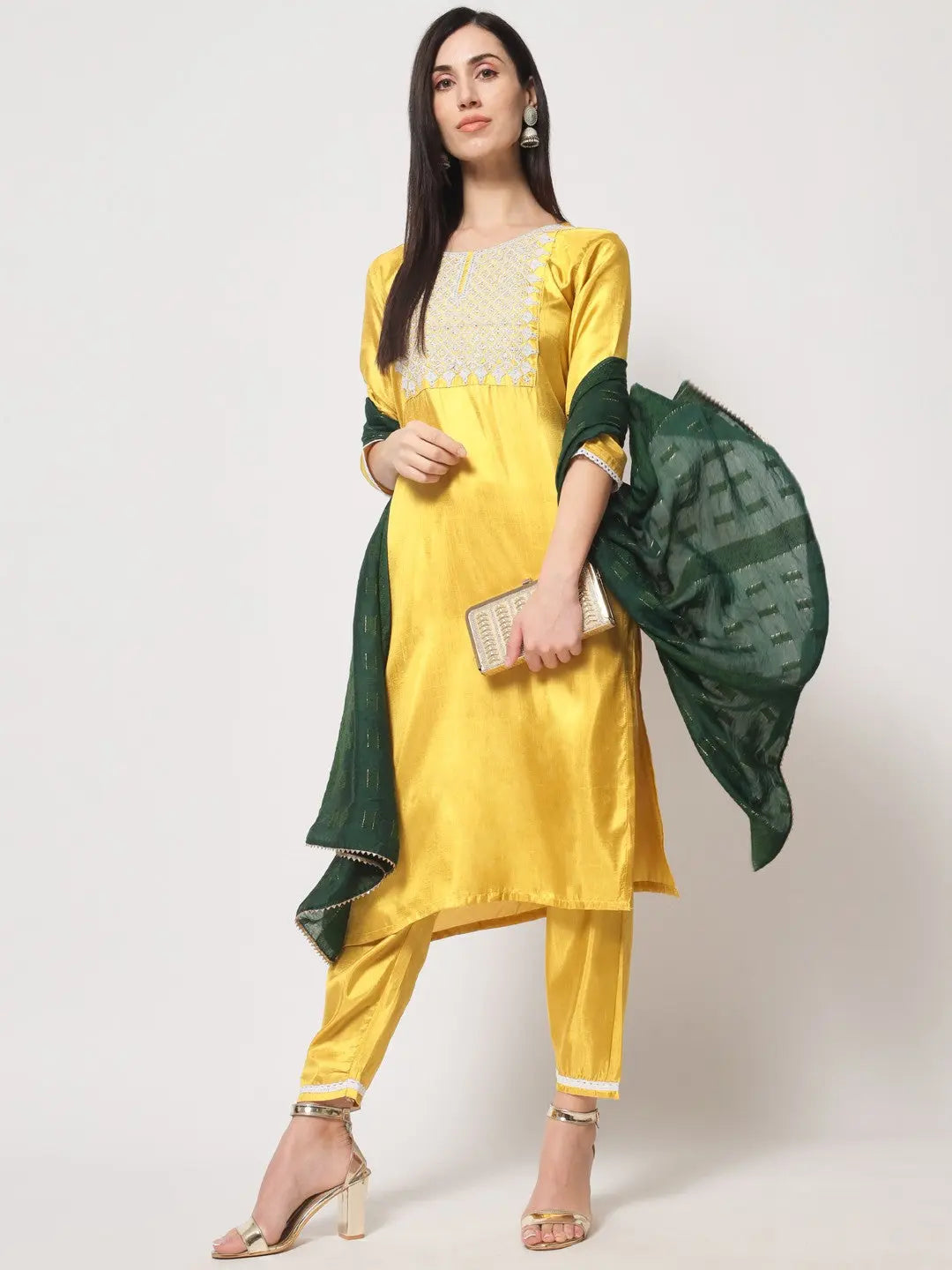 Lemon Colour South Silk Embroidery Work Casual Wear Kurta Pant Dupatta Set Desi Soul