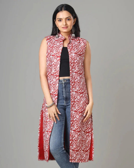 Maroon Colour Printed Long Jacket For Women Desi Soul