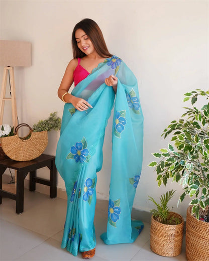 Blue Colour Organza Digital With Foil Print and Hand Work Saree Desi Soul