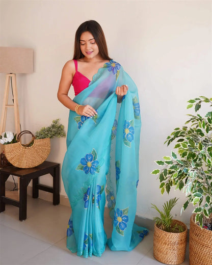 Blue Colour Organza Digital With Foil Print and Hand Work Saree Desi Soul