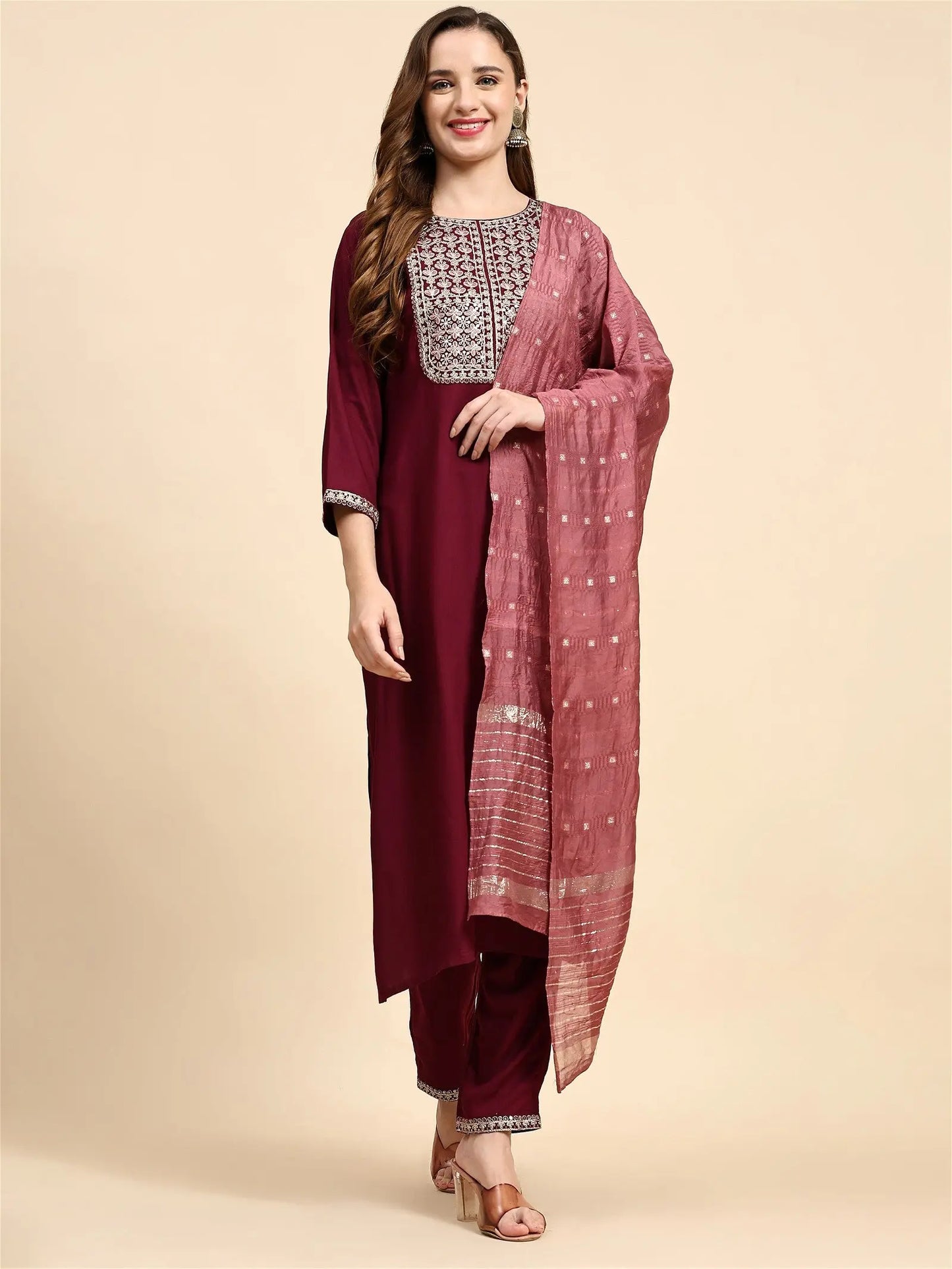 Maroon Colour Blend Silk Embroidery Work Party Wear Kurta Pant Dupatta Set For Women's Desi Soul