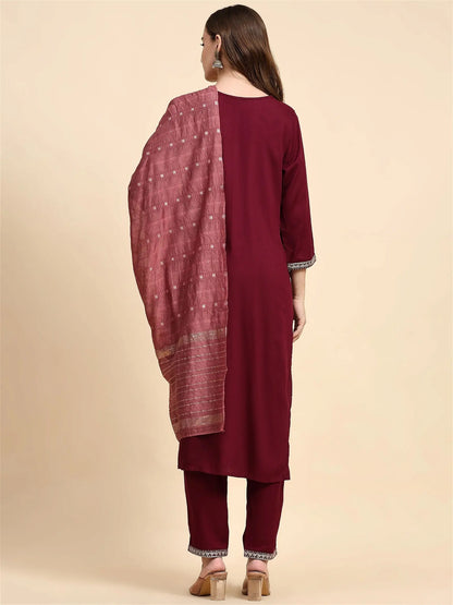 Maroon Colour Blend Silk Embroidery Work Party Wear Kurta Pant Dupatta Set For Women's Desi Soul