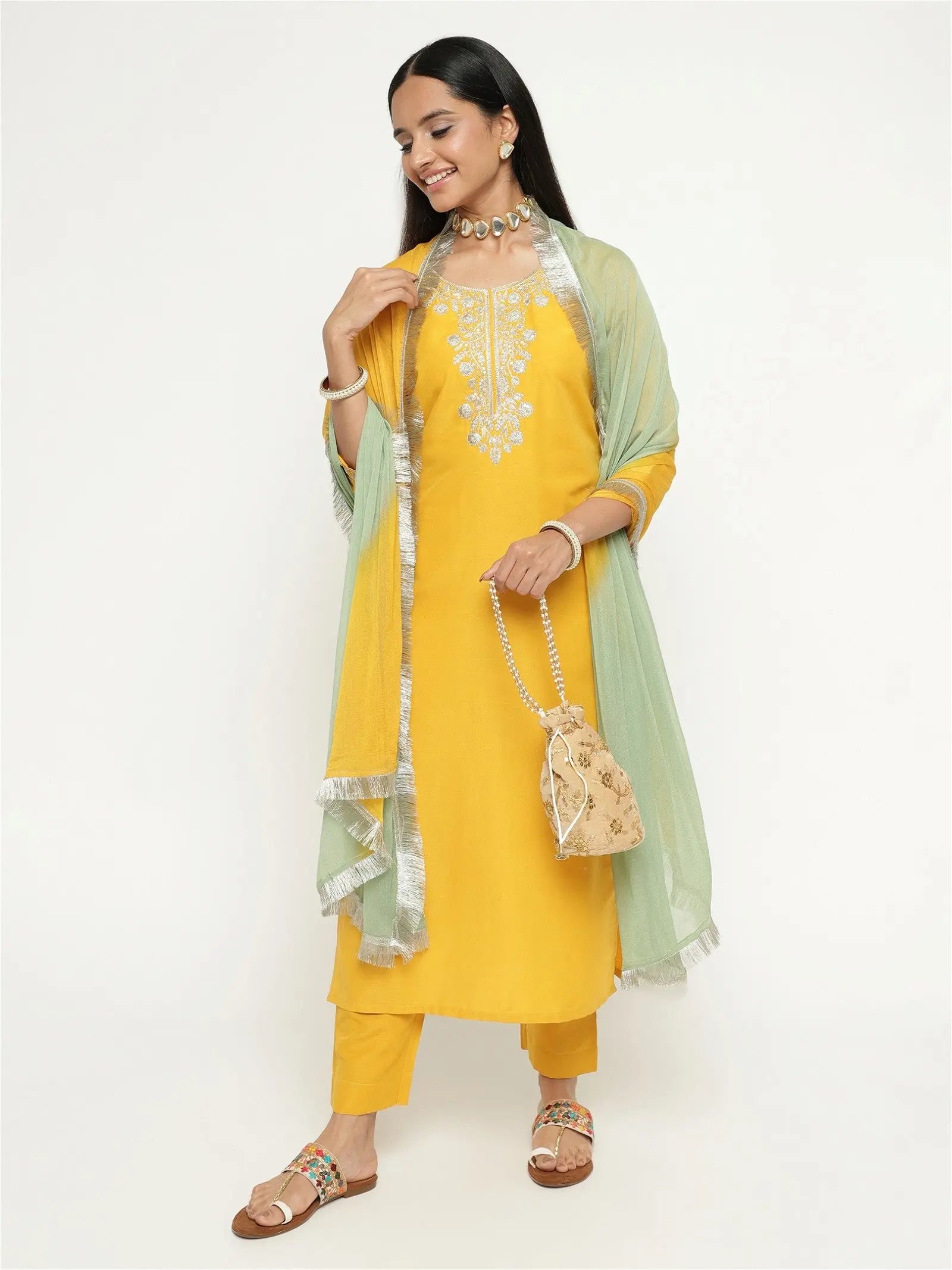 Yellow Colour Blend Silk Embroidery Work Party Wear Kurta Pant Dupatta Set Desi Soul