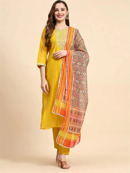 Yellow Colour Blend Silk Embroidery Work Party Wear Kurta Pant Dupatta Set Desi Soul