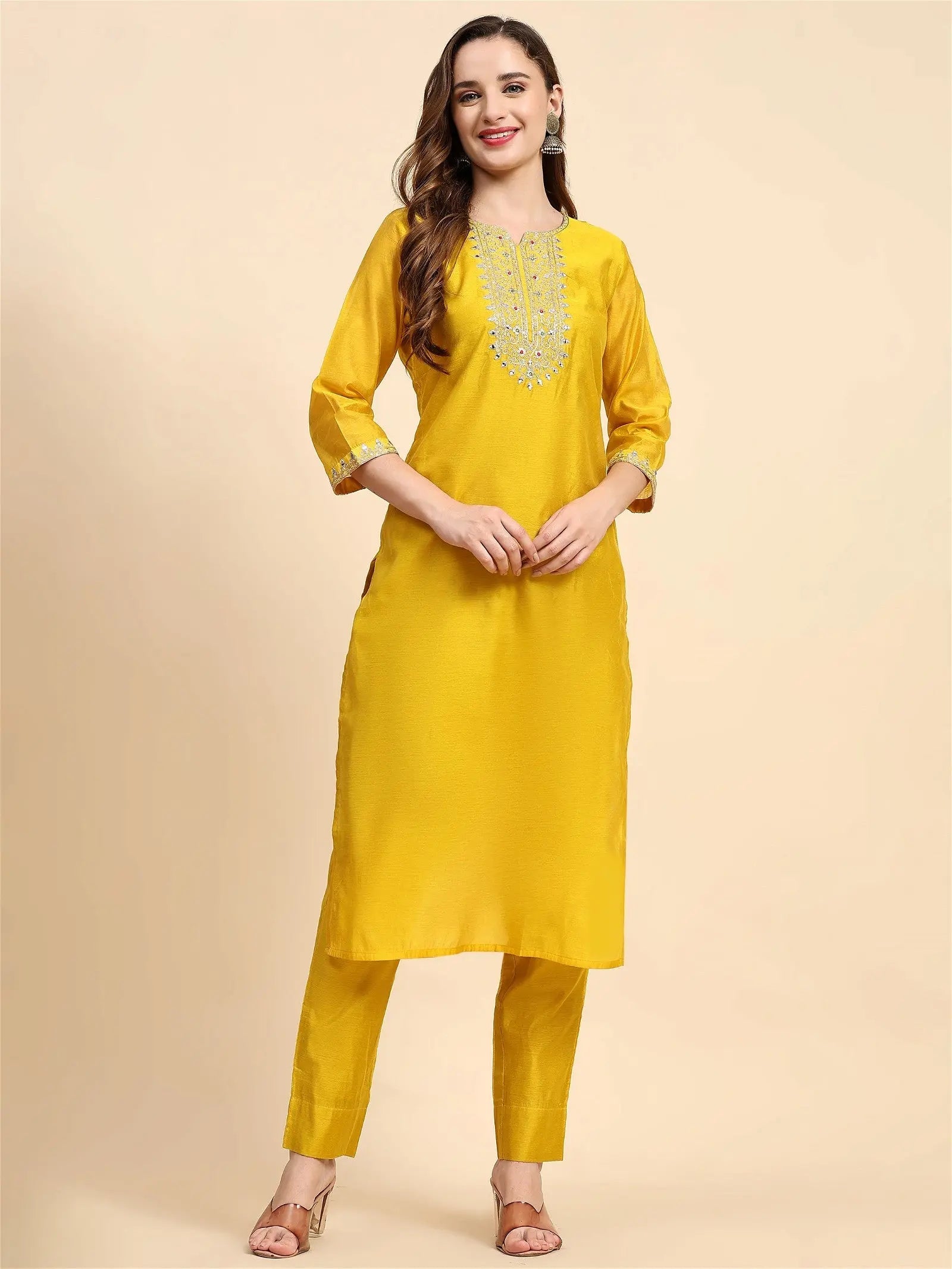 Yellow Colour Blend Silk Embroidery Work Party Wear Kurta Pant Dupatta Set Desi Soul