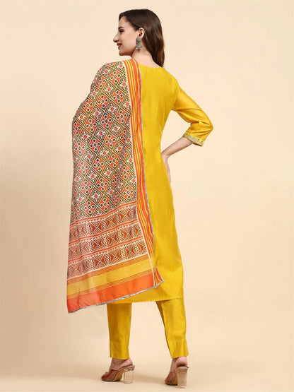 Yellow Colour Blend Silk Embroidery Work Party Wear Kurta Pant Dupatta Set Desi Soul