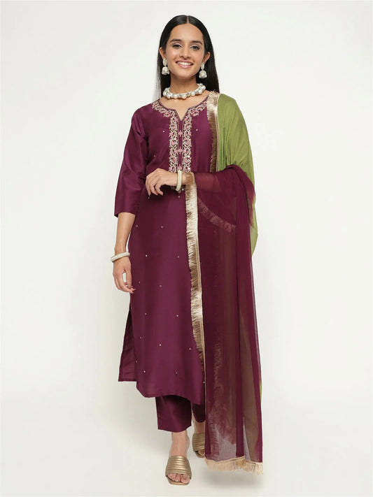 Wine Colour Blend Silk Embroidery Work Party Wear Kurta Pant Dupatta Set Desi Soul