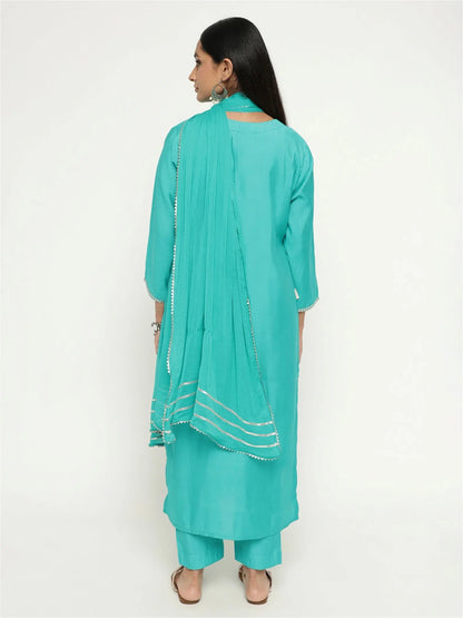 Aqua Colour Blend Silk Embroidery Work Party Wear Kurta Pant Dupatta Set Desi Soul