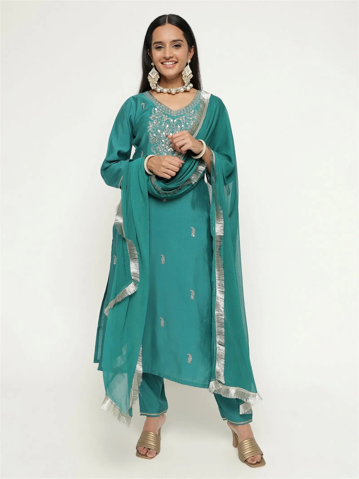 Green Colour Blend Silk Embroidery Work Party Wear Kurta Pant Dupatta Set Desi Soul