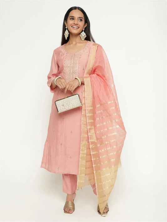 Pink Colour Blend Silk Embroidery Work Party Wear Kurta Pant Dupatta Set Desi Soul