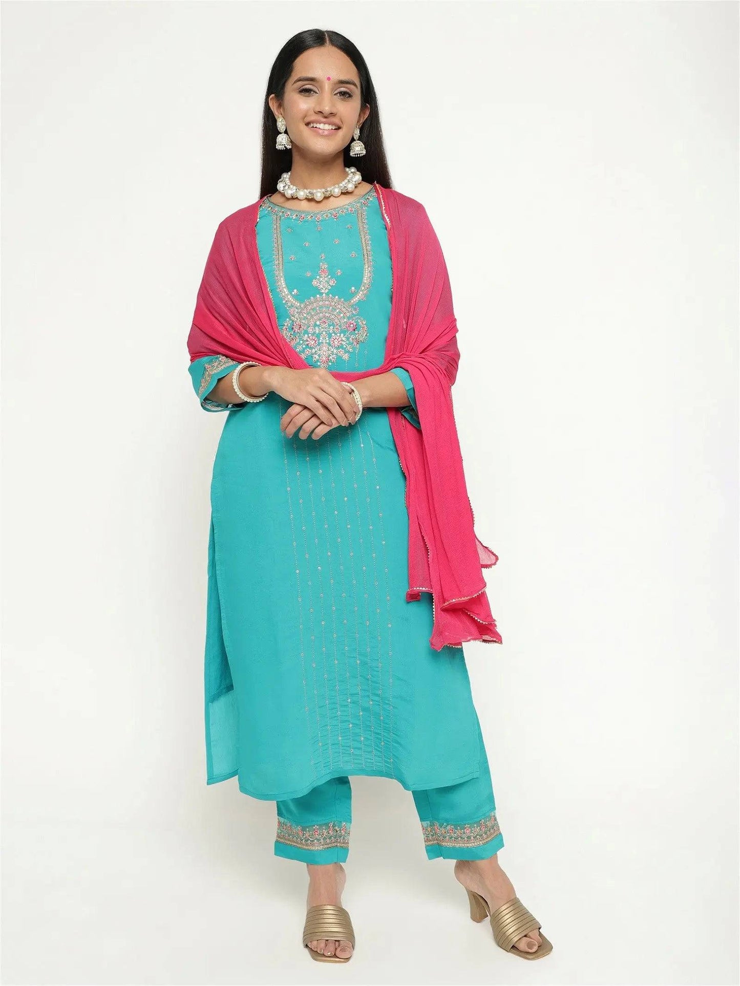 Aqua Colour Blend Silk Embroidery Work Party Wear Kurta Set with Pant and Dupatta 