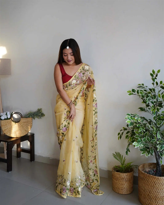 Yellow Colour Organza Embroidery Work Saree Desi Soul