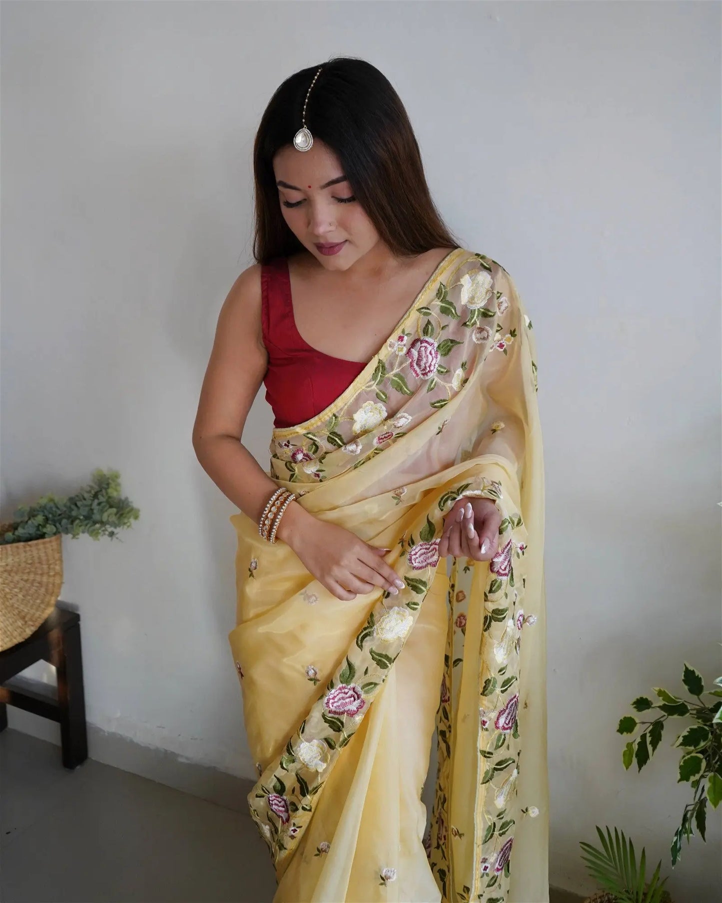 Yellow Colour Organza Embroidery Work Saree Desi Soul