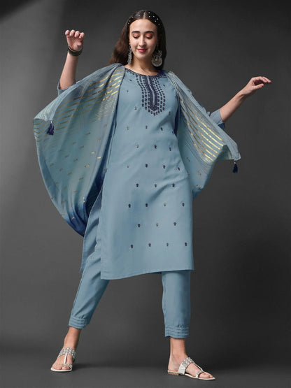 Sky Blue Rayon Slub Round Shape Embroidery Worked Kurta Set Desi Soul