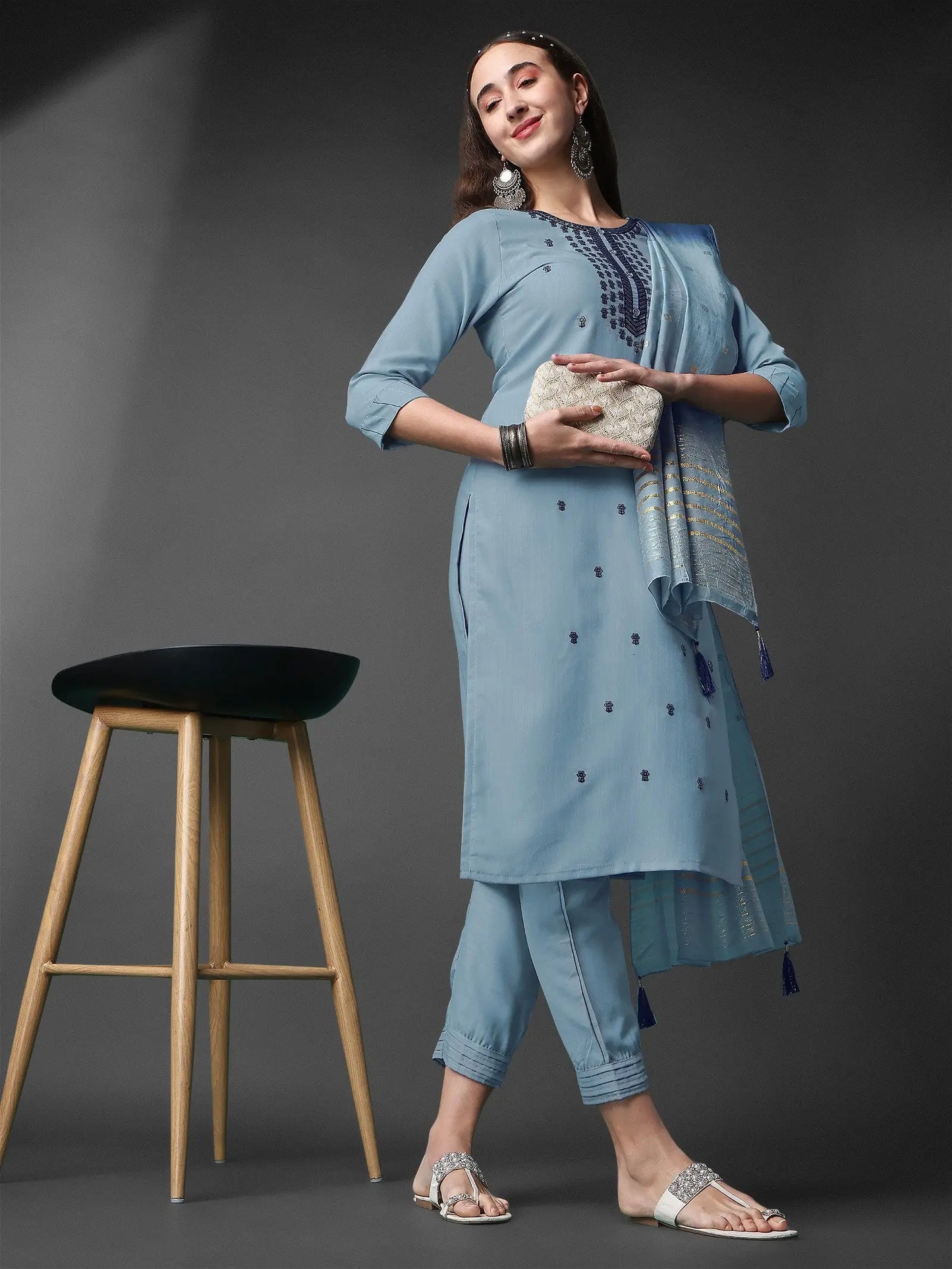 Sky Blue Rayon Slub Round Shape Embroidery Worked Kurta Set Desi Soul