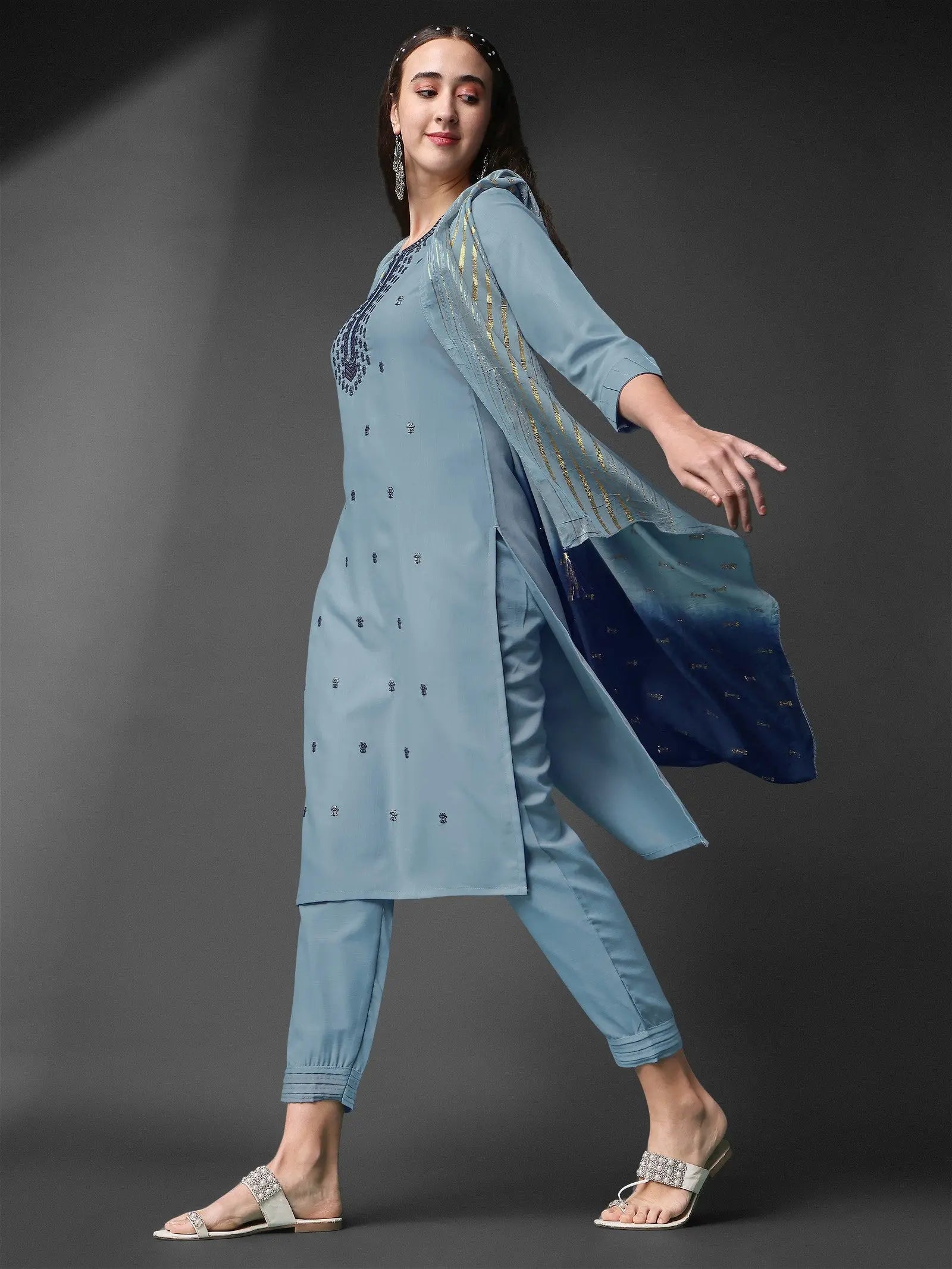 Sky Blue Rayon Slub Round Shape Embroidery Worked Kurta Set Desi Soul