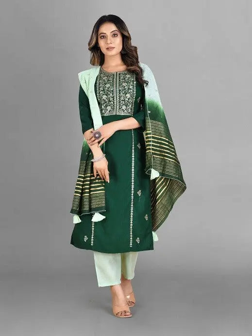 Green Party Wear Embroidery Worked Kurta With Pant And Duppata Set Desi Soul