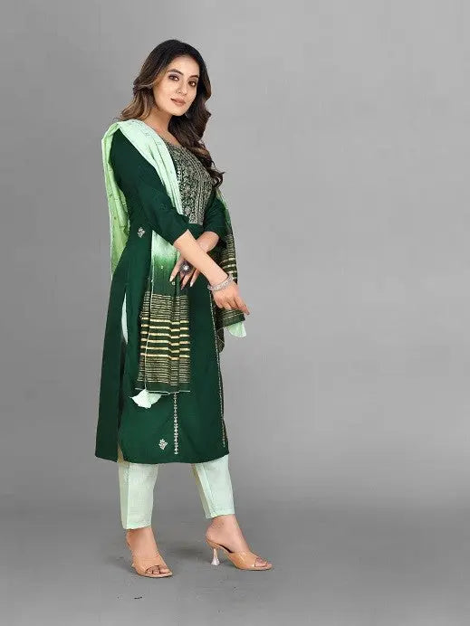 Green Party Wear Embroidery Worked Kurta With Pant And Duppata Set Desi Soul