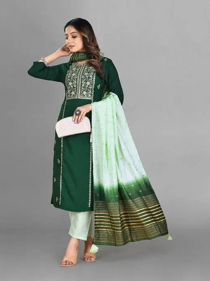 Green Party Wear Embroidery Worked Kurta With Pant And Duppata Set Desi Soul