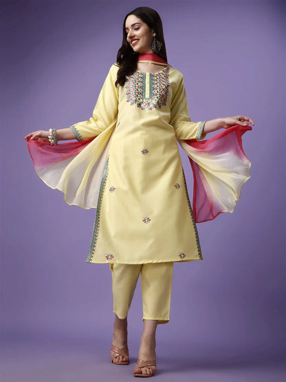 Yellow Party Wear Embroidery Worked Kurta With Pant And Duppata Set Desi Soul