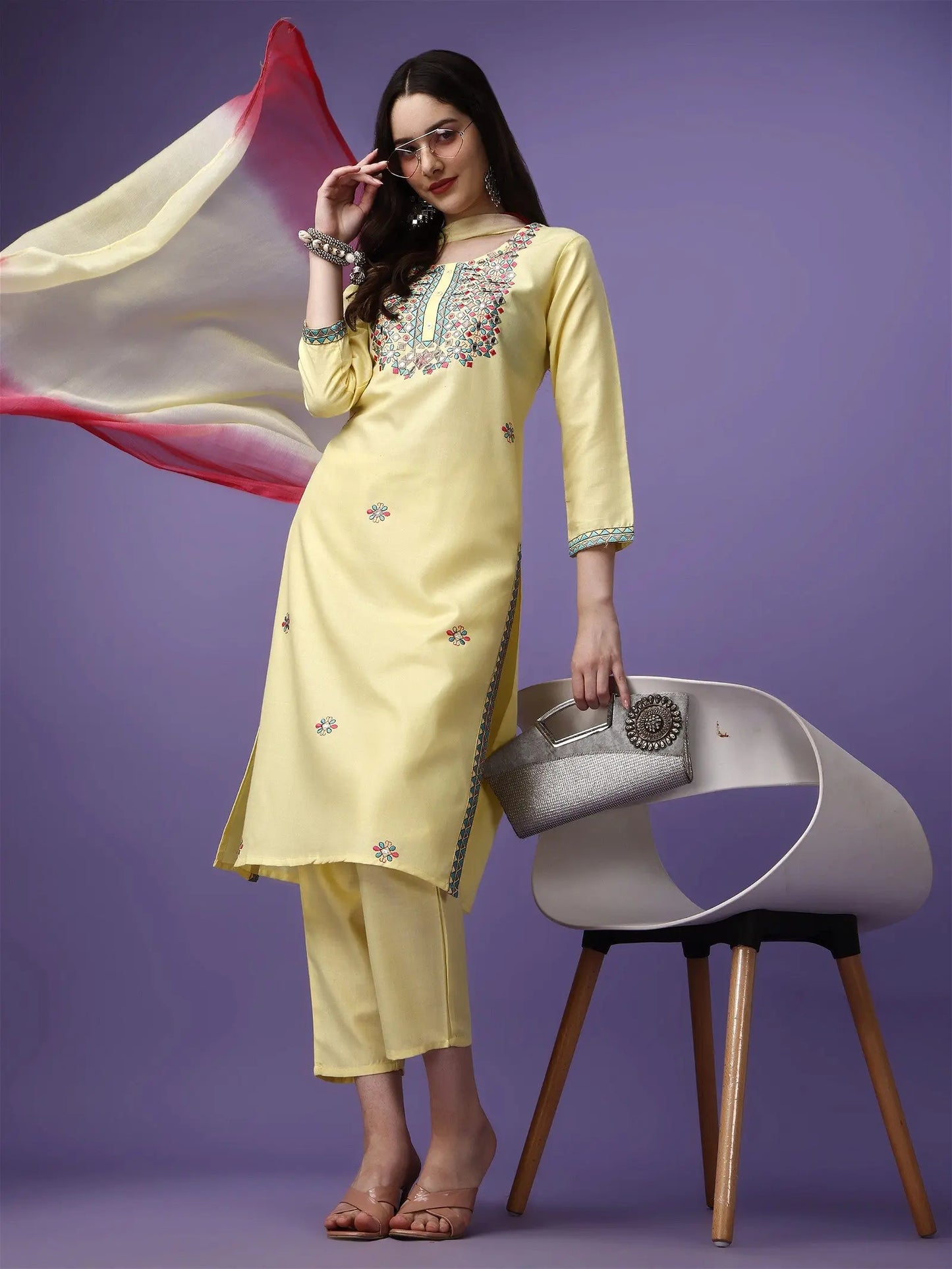 Yellow Party Wear Embroidery Worked Kurta With Pant And Duppata Set Desi Soul