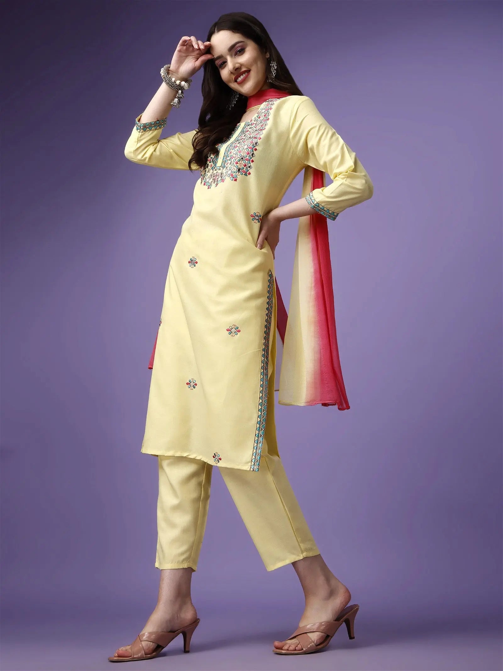 Yellow Party Wear Embroidery Worked Kurta With Pant And Duppata Set Desi Soul