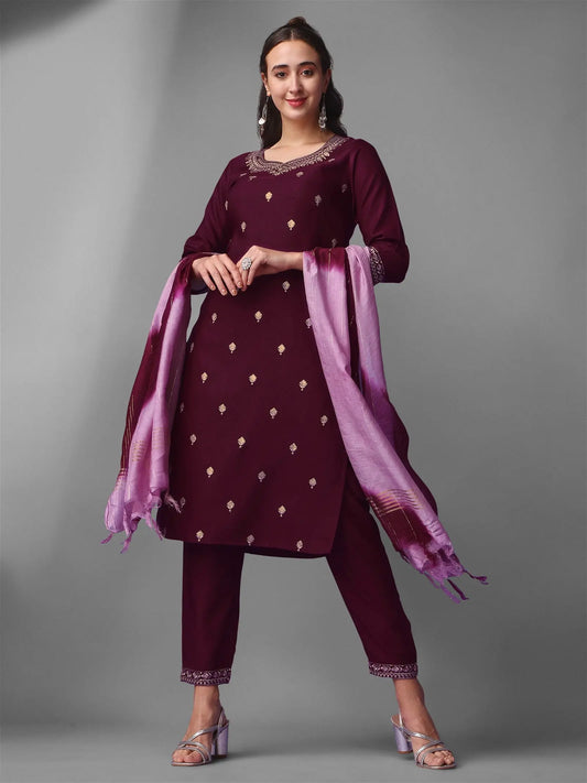 Purple Party Wear Embroidery Worked Kurta With Pant And Duppata Set Desi Soul