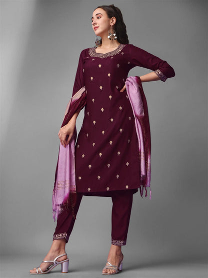 Purple Party Wear Embroidery Worked Kurta With Pant And Duppata Set Desi Soul