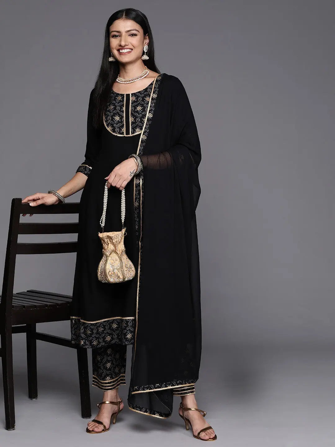 Black Party Wear Embroidery Worked Kurta With Pant And Duppata Set Desi Soul