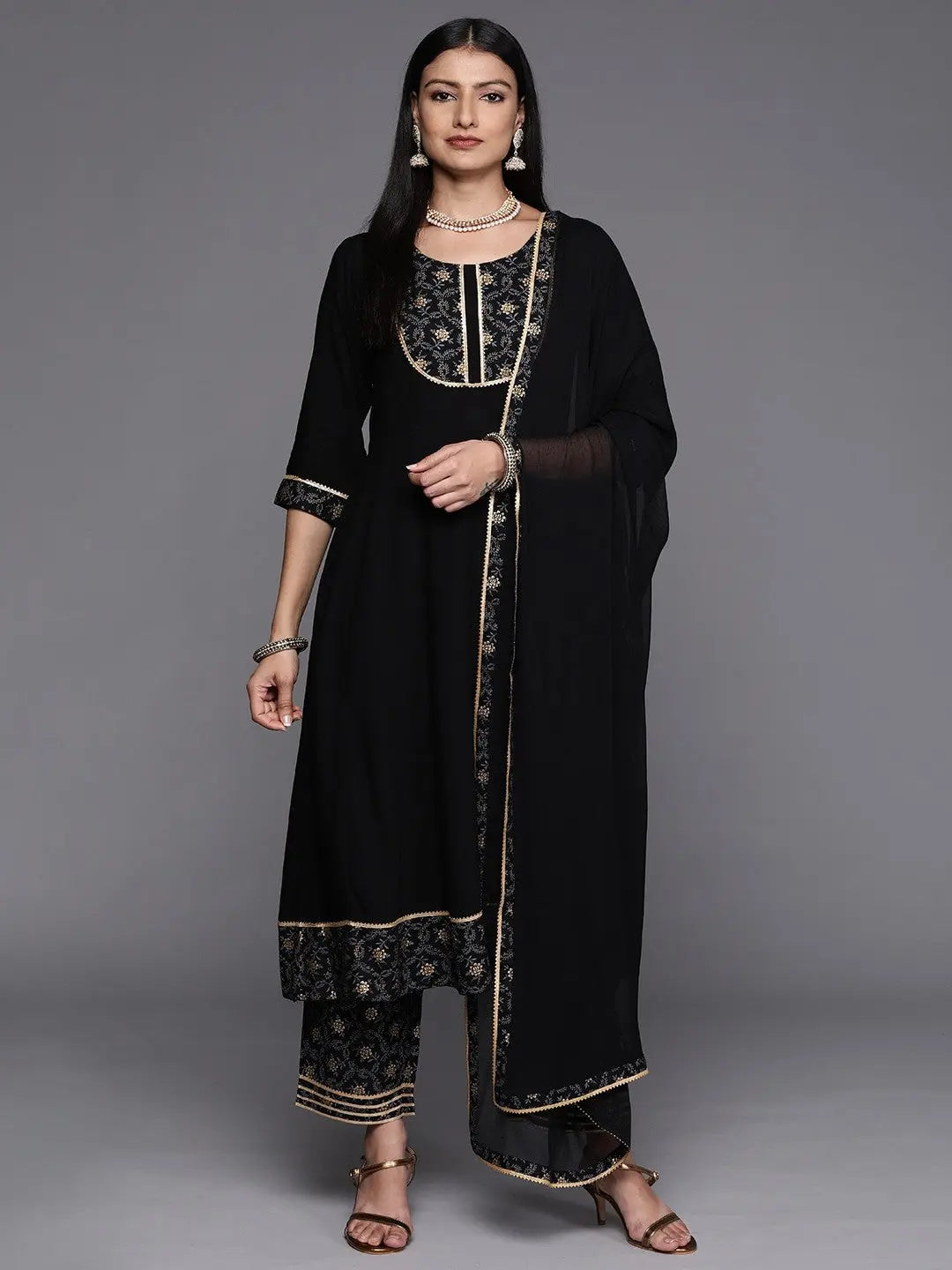 Black Party Wear Embroidery Worked Kurta With Pant And Duppata Set Desi Soul