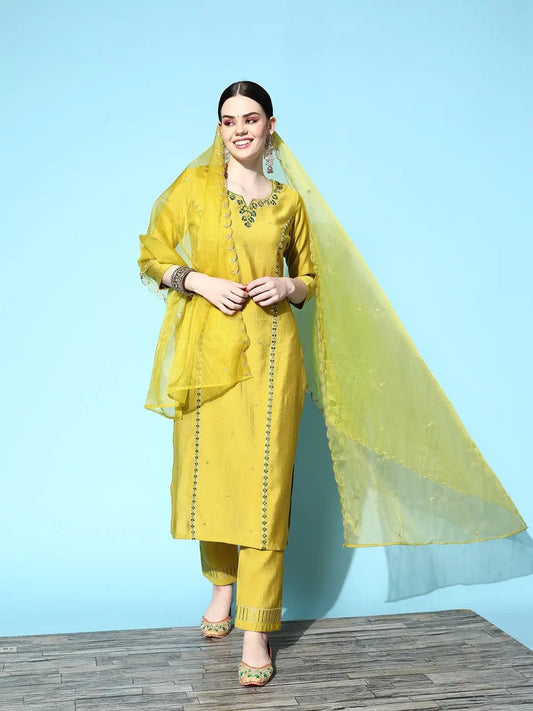 Lemon Party Wear Embroidery Worked Kurta With Pant And Duppata Set Desi Soul