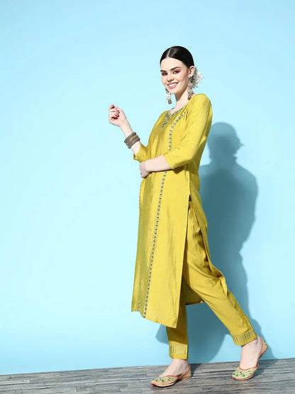 Lemon Party Wear Embroidery Worked Kurta With Pant And Duppata Set Desi Soul