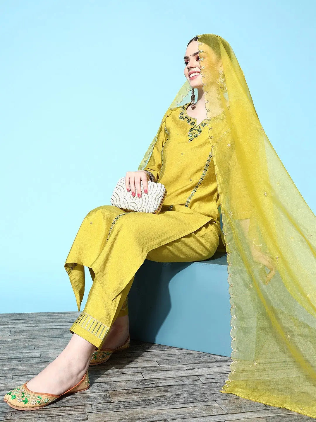 Lemon Party Wear Embroidery Worked Kurta With Pant And Duppata Set Desi Soul