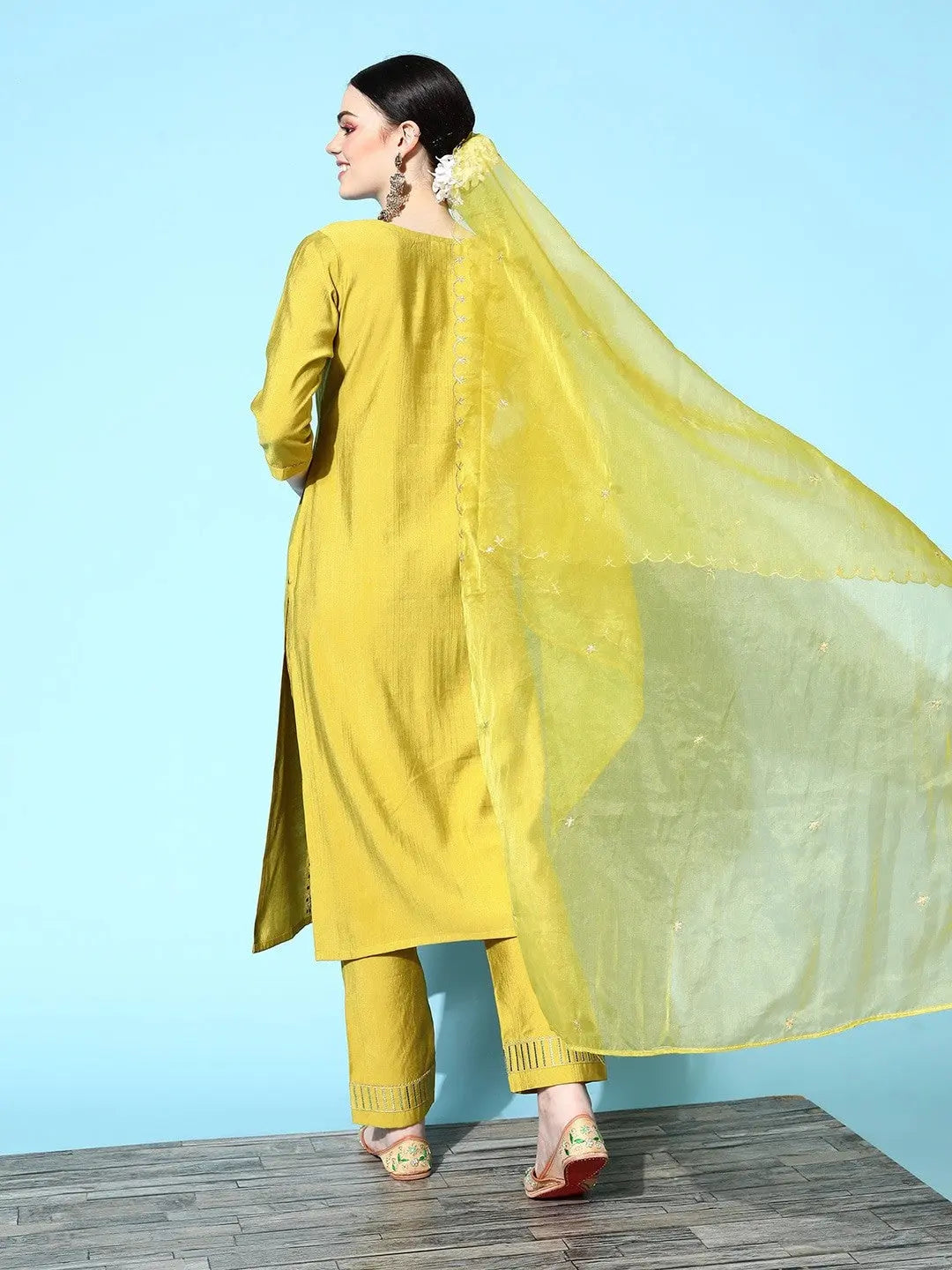 Lemon Party Wear Embroidery Worked Kurta With Pant And Duppata Set Desi Soul