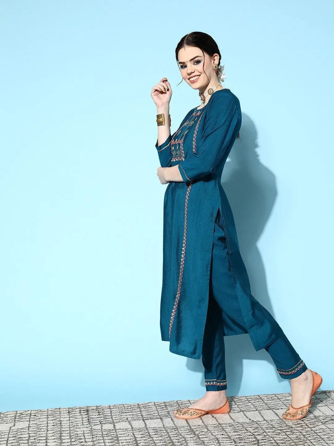 Petrol Party Wear Embroidery Worked Kurta With Pant And Duppata Set Desi Soul