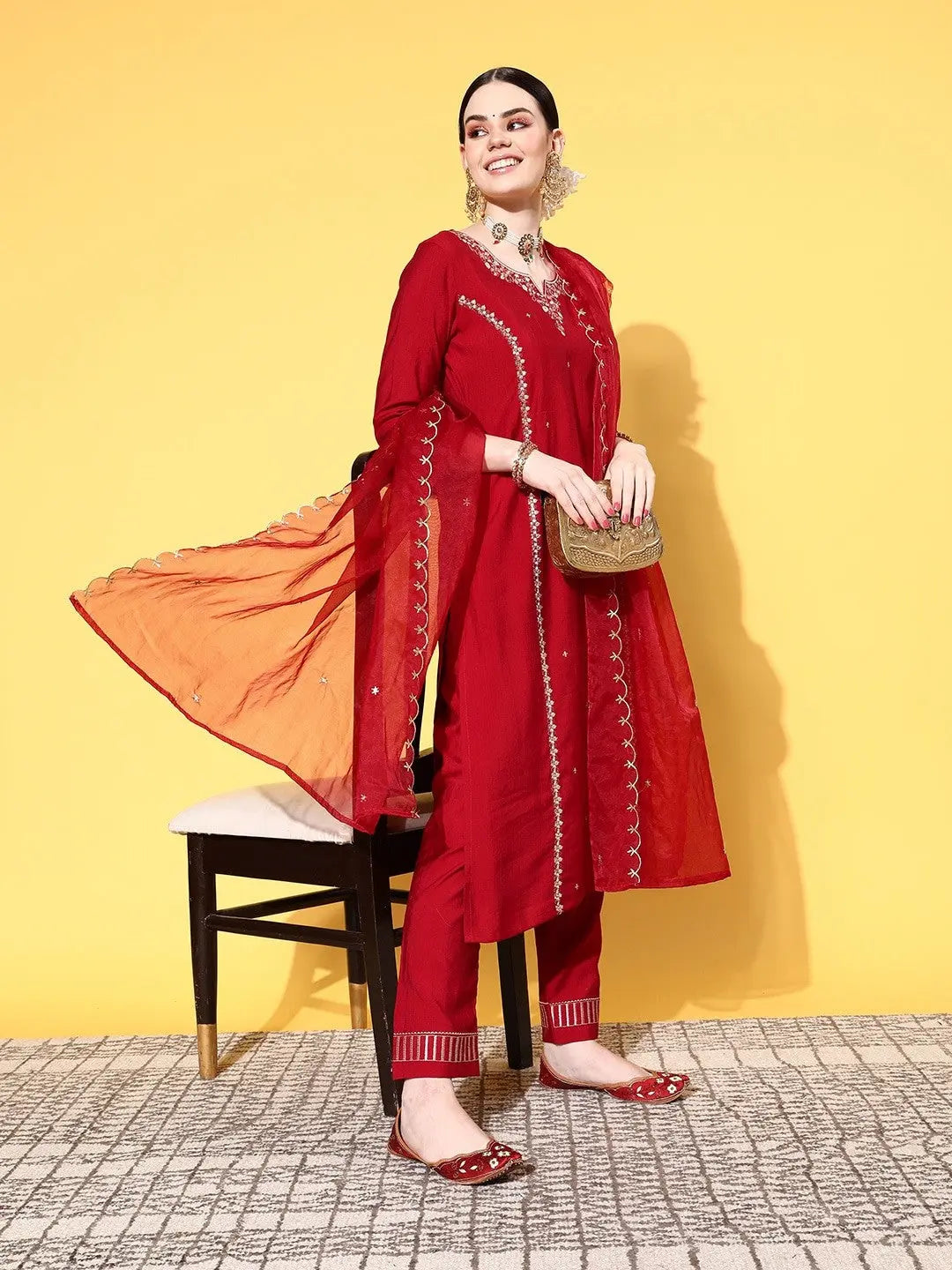 Red Party Wear Embroidery Worked Kurta With Pant And Duppata Set Desi Soul