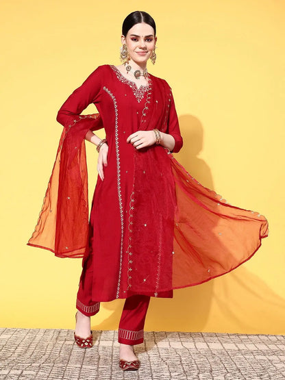 Red Party Wear Embroidery Worked Kurta With Pant And Duppata Set Desi Soul