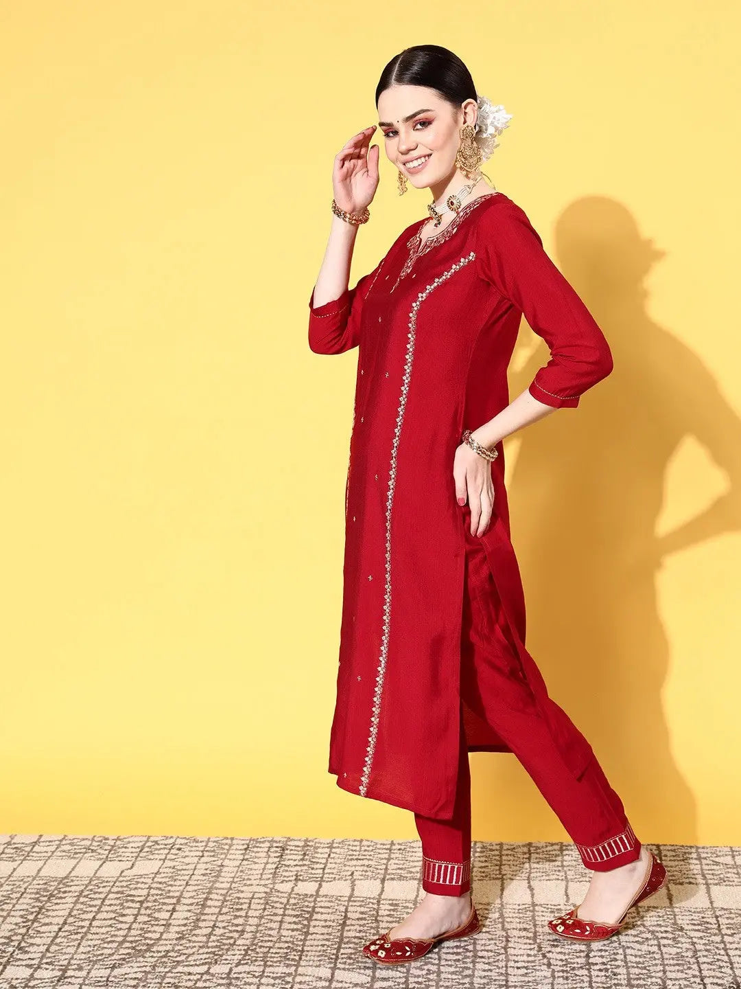 Red Party Wear Embroidery Worked Kurta With Pant And Duppata Set Desi Soul