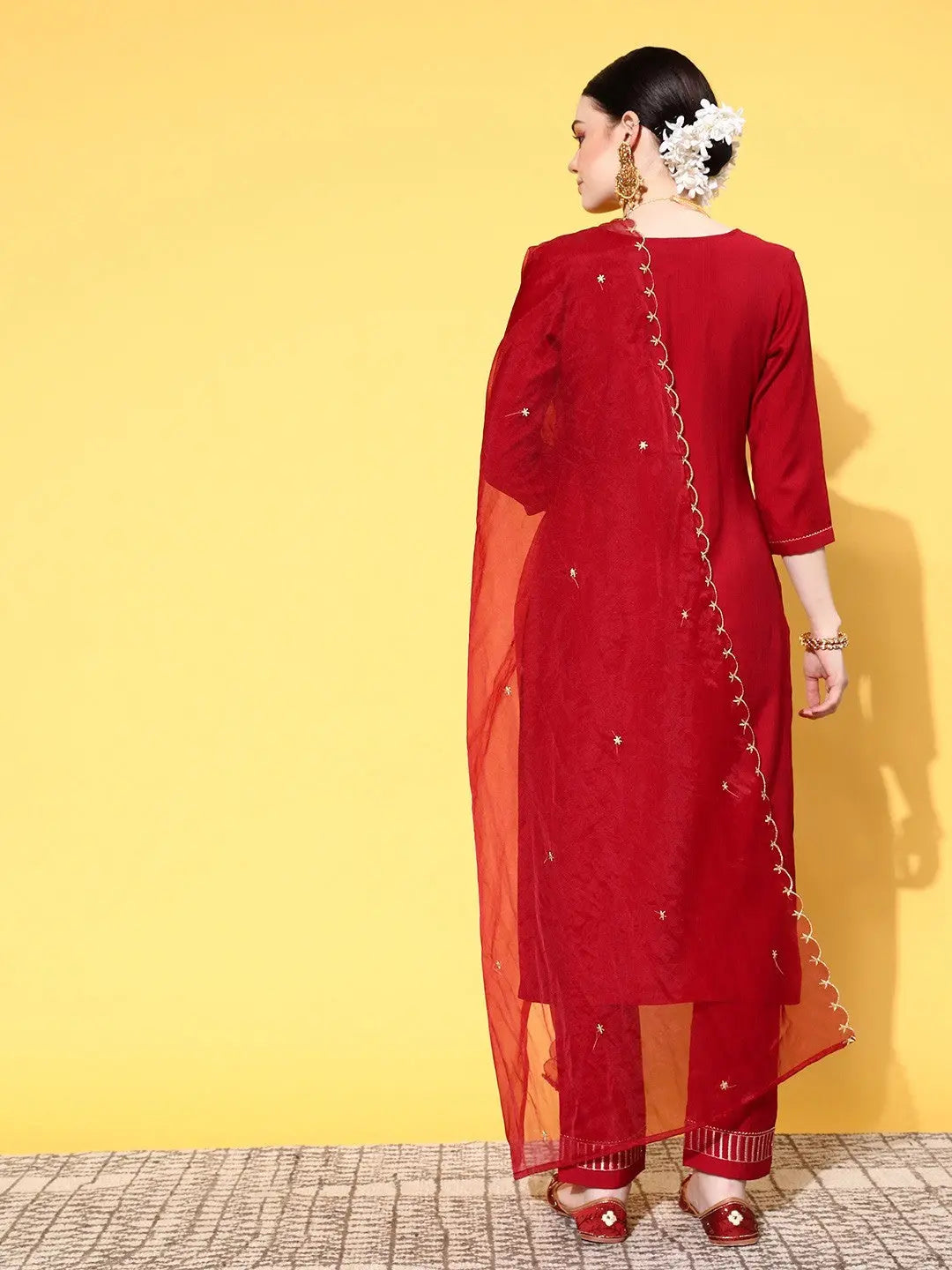 Red Party Wear Embroidery Worked Kurta With Pant And Duppata Set Desi Soul