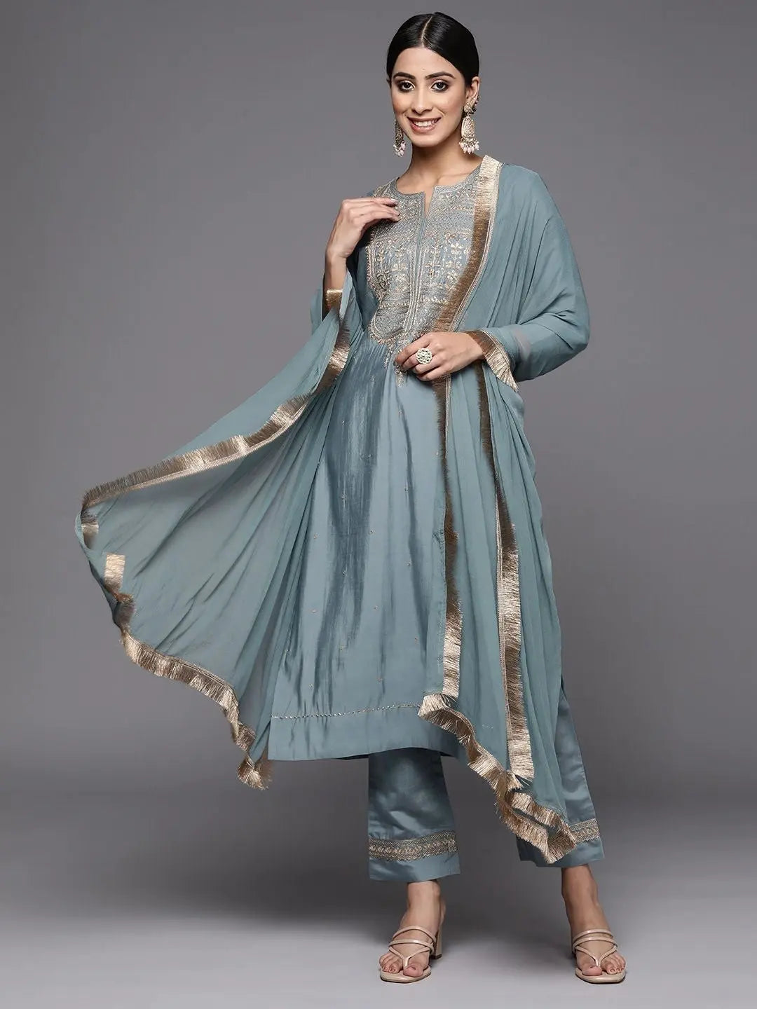 Grey Viscose Chanderi Party Wear Embroidery Worked Kurta With Pant And Duppata Set Desi Soul