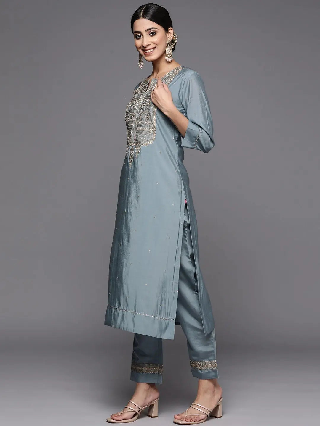 Grey Viscose Chanderi Party Wear Embroidery Worked Kurta With Pant And Duppata Set Desi Soul