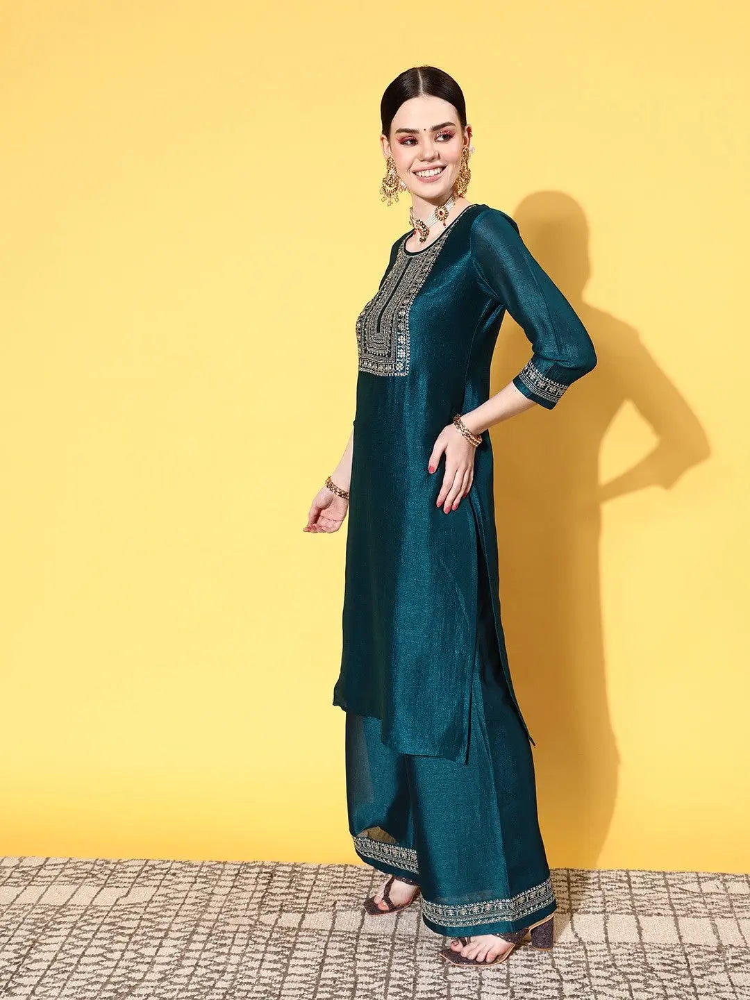 Pestal Green Party Wear Embroidery Worked Kurta With Pant And Duppata Set Desi Soul