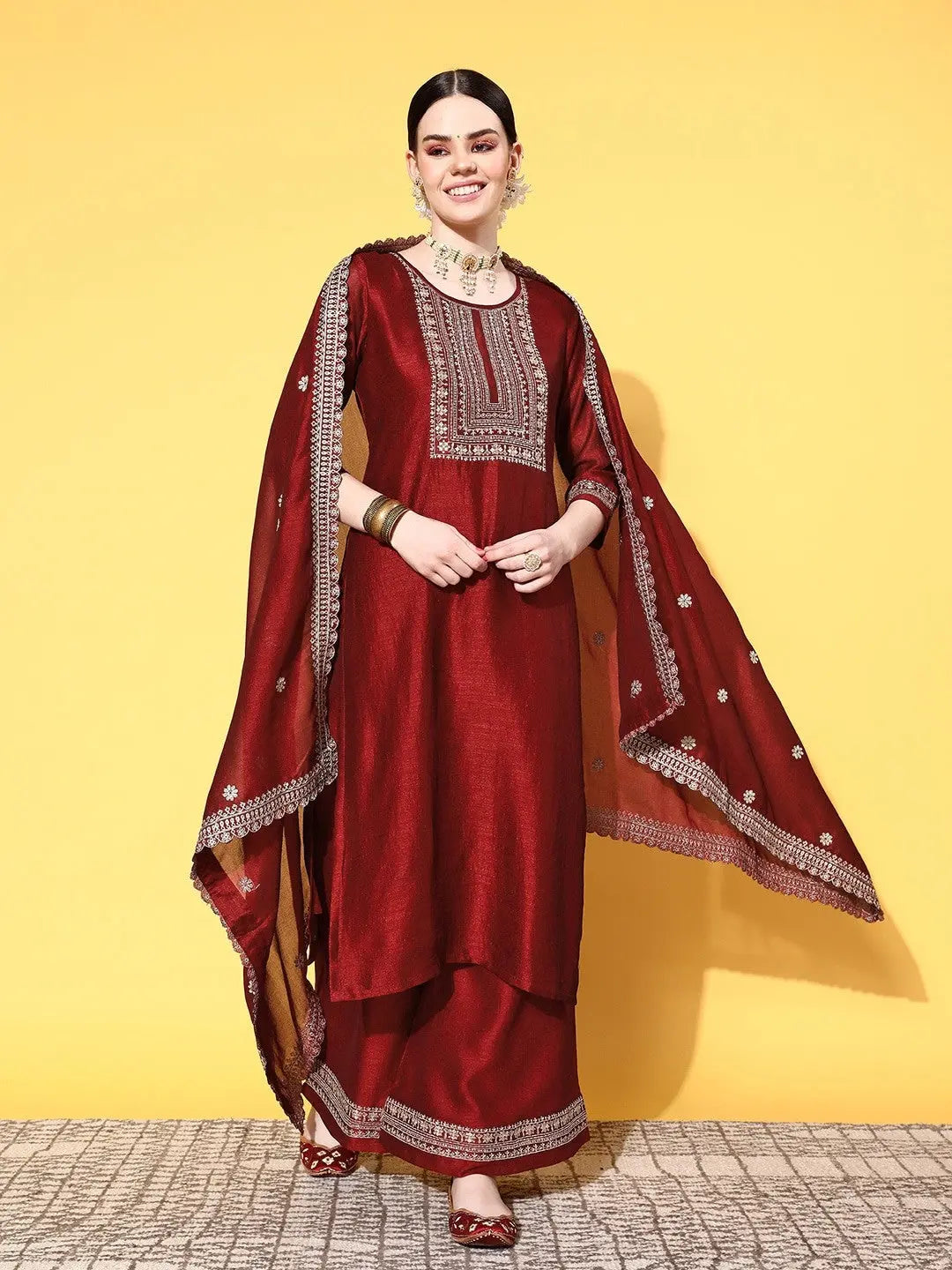 Red Party Wear Embroidery Worked Kurta With Pant And Duppata Set Desi Soul