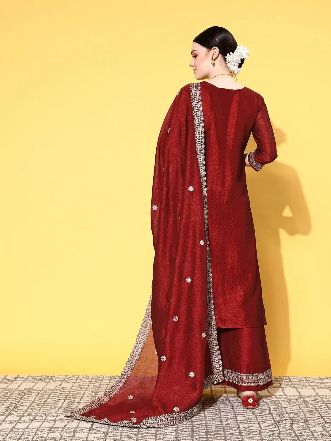 Red Party Wear Embroidery Worked Kurta With Pant And Duppata Set Desi Soul