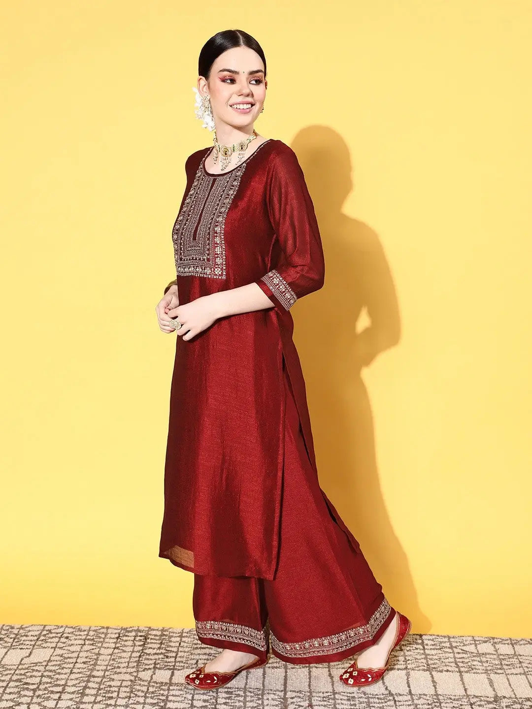 Red Party Wear Embroidery Worked Kurta With Pant And Duppata Set Desi Soul