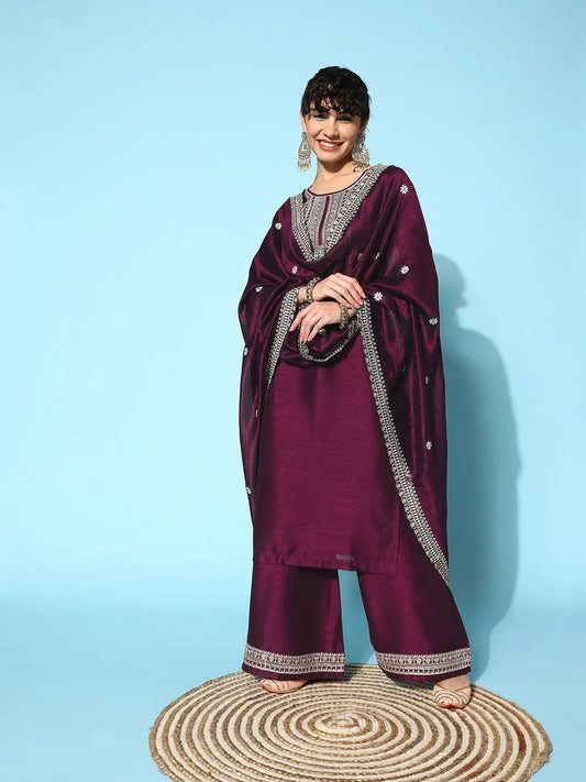 Purple Party Wear Embroidery Worked Kurta With Pant And Duppata Set Desi Soul