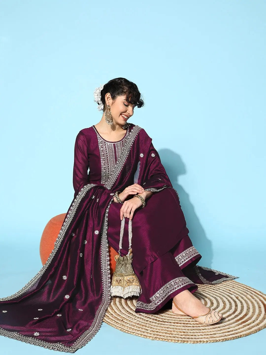 Purple Party Wear Embroidery Worked Kurta With Pant And Duppata Set Desi Soul